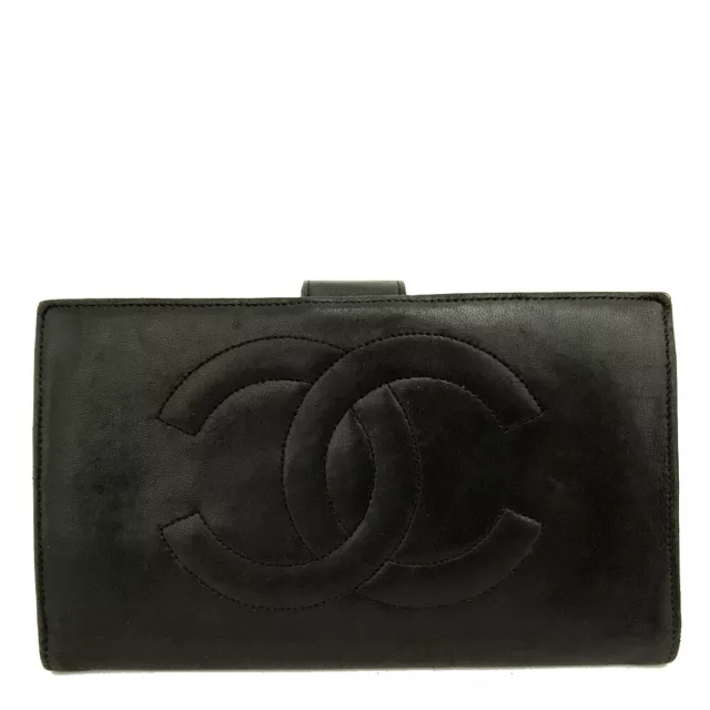 CHANEL CC Logo Black Leather Long Bifold Wallet/5X0288