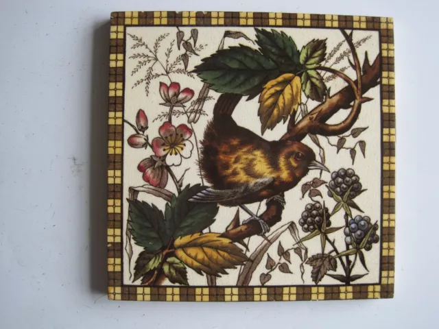 ANTIQUE VICTORIAN H A OLLIVANT PRINT AND TINT WALL TILE - BIRD & BRAMBLES c1895