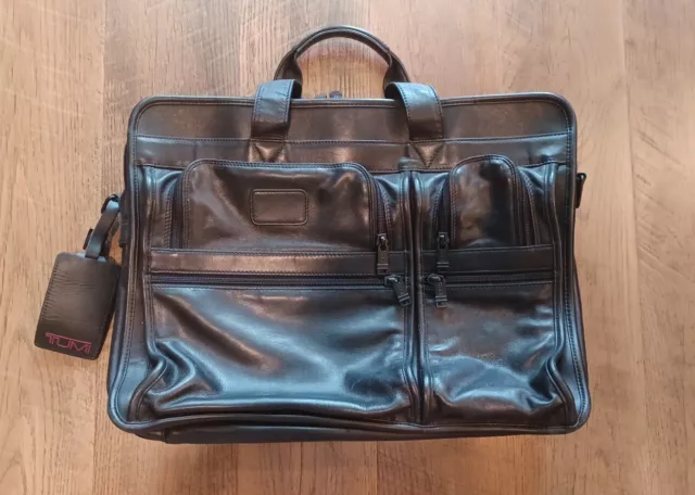 Tumi Alpha Leather Briefcase computer bag w/Shoulder Stap & Tumi bag tag