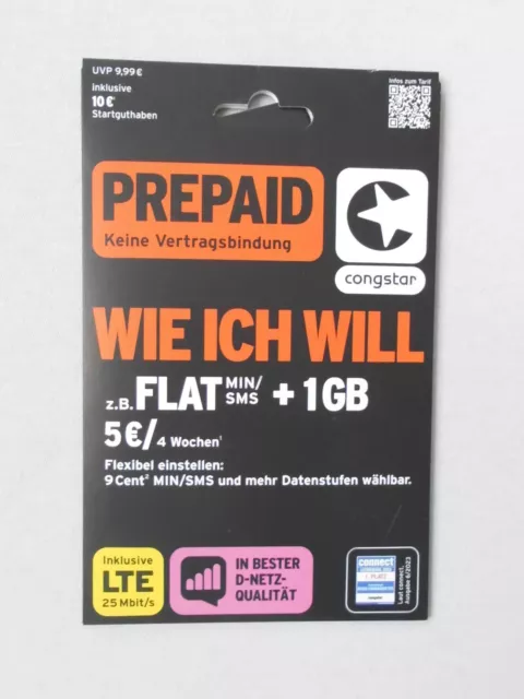 Congstar Prepaid wie ich will SIM Karte;  D-Netz, 10 € Gut