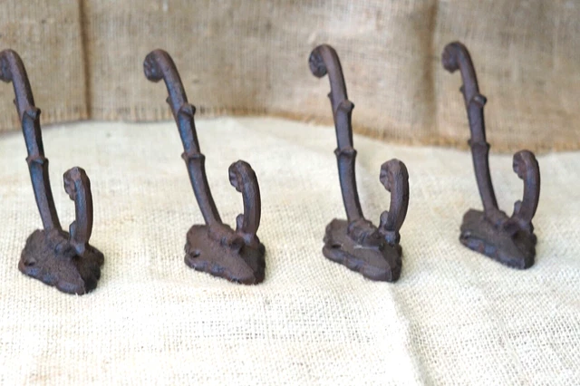 4 Brown Rustic Coat Hooks Antique Style Cast Iron Wall Double Restoration !