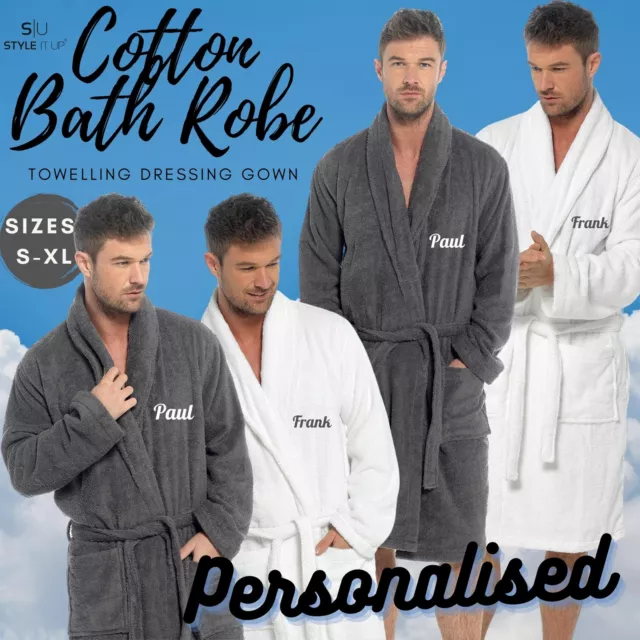 Personalised Mens Luxury Hooded Towelling Bath Robe Dressing Gown Shawl Collar