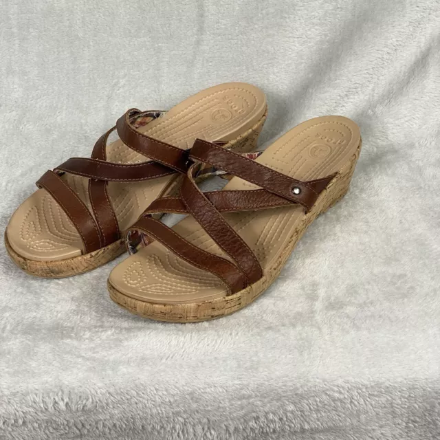 Crocs Sandals Womens 9 Wedge Brown Leather Strappy Slides Casual