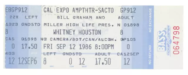 1986 WHITNEY HOUSTON Full Concert Ticket Unused Authentic NM M Stub