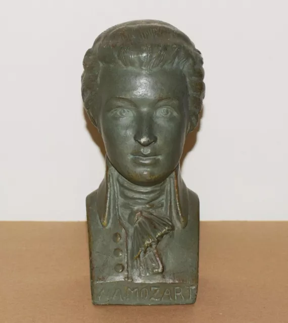 Buste ancien de MOZART en terre cuite a patine verte signée MILLER