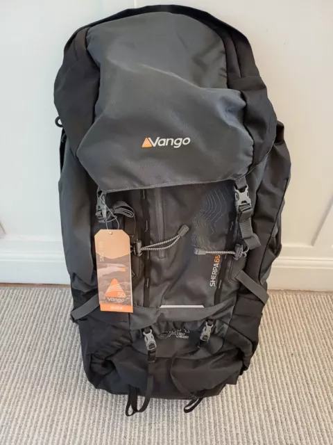 Vango Sherpa 65 Litre Rucksack / Backpack with Rain Cover (Shadow Black) NEW