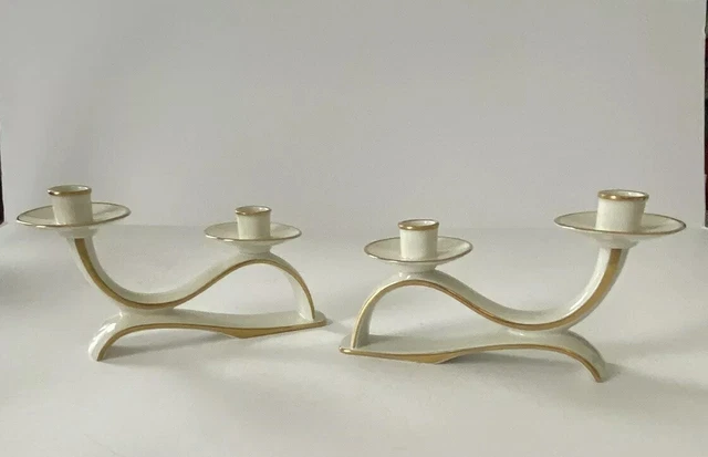 Rare 2 Gerold Porzellan Bavaria Double Candleholder Whit/Gold Trim West Germany