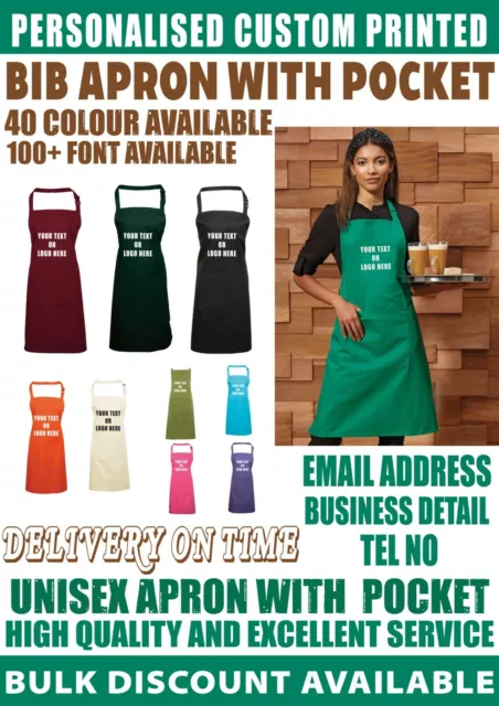 Personalised BIB Apron Pocket  Kitchen Workwear Chef Printed Custom Logo text