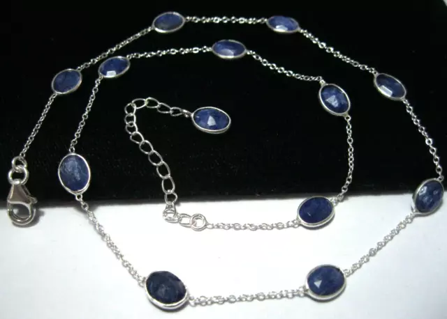 Sterling Silver Natural Blue Sapphire Gem Stone Bezel Chain Necklace 18" Long