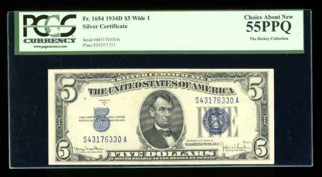 DBR 1934-D $5 Silver Fr. 1654Wi Wide I SA Block PCGS 55 PPQ Serial S43176330A