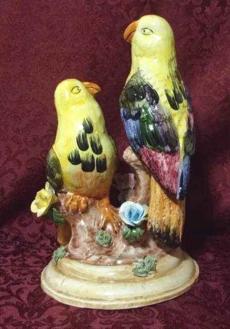 Vintage Italian Large Yellow Parrots Birds Capodimonte Style Flowers