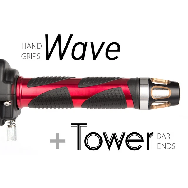 KiWAV Motorcycle Wave Grips Red with Tower Bar Ends titanium Gold/Silver