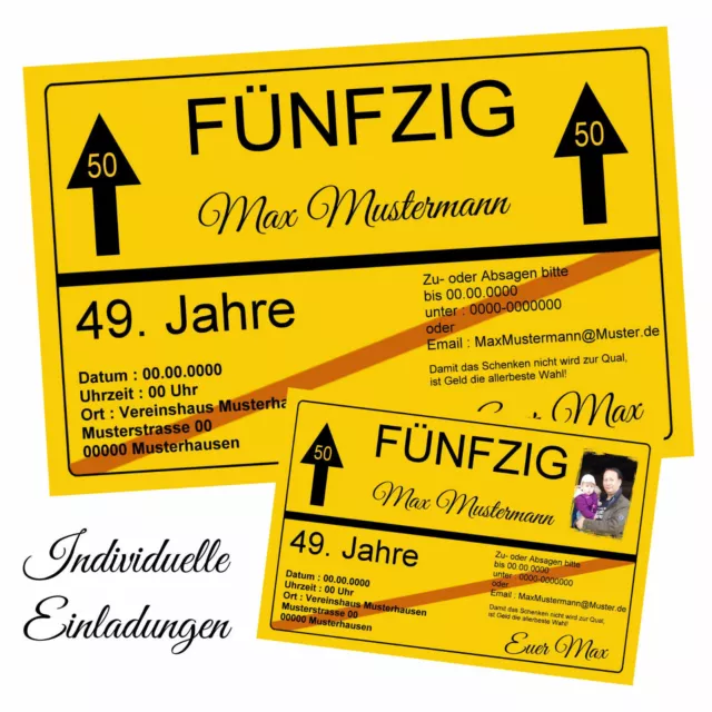 50 EINLADUNGSKARTEN Geburtstag als Ortsschild Ortstafel Schild