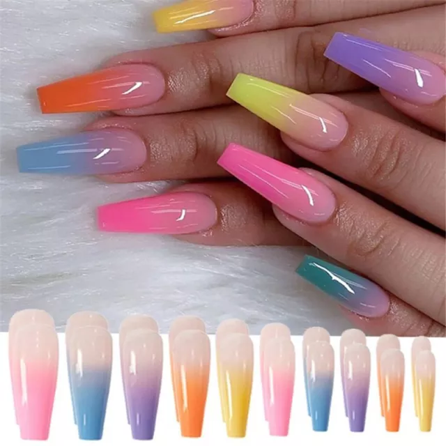 Rainbow Ombre Long Coffin Press On Nails Fake False 20 Pcs Nail Set Kit ♪ ♬