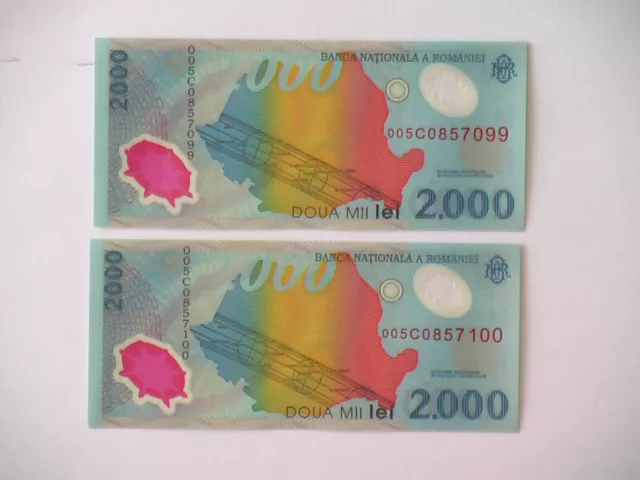 Romania-2 Banknotes-2,000 Lei-ECLIPSE consecutive series-UNC-2000-plastic notes