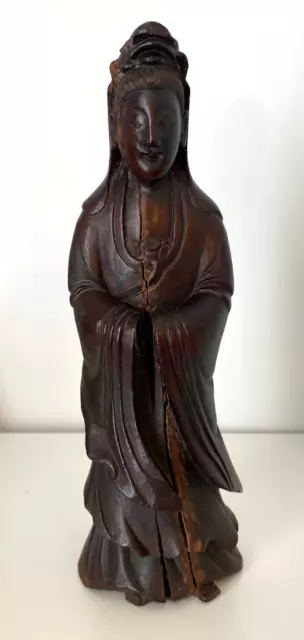 Gorgeous Antique Chinese Hand-carved Hardwood Guanyin Statue, 9"