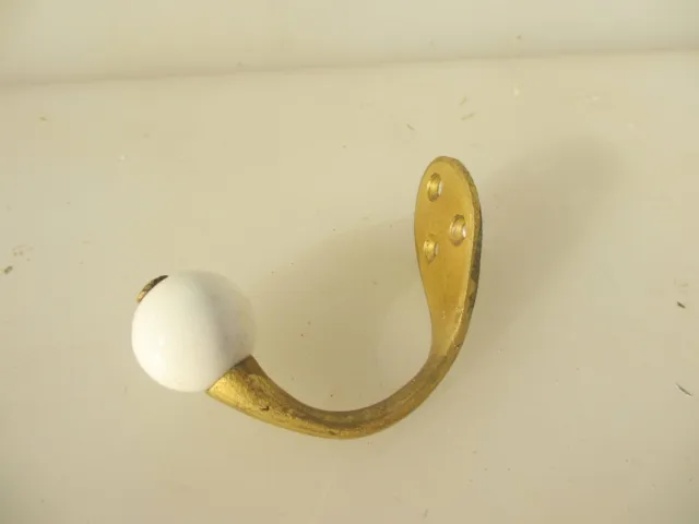 Vintage Brass Coat Hook Hanger Old Gold Gilt Ceramic Ball End Antique