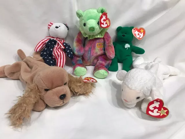 Beanie Babies lot of 5, August, Spunky, Fleece, Erin & Patriotic