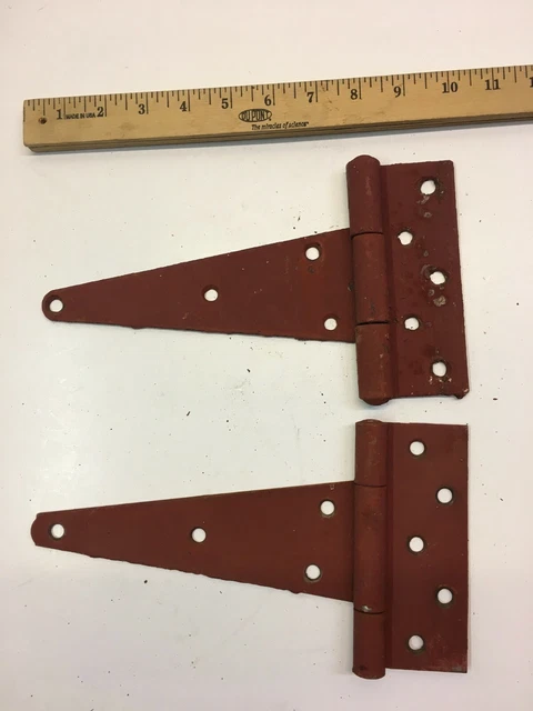 2 Vintage 10'' Farm Barn Door Gate Hand Forged Strap Hinges Great Red Patina