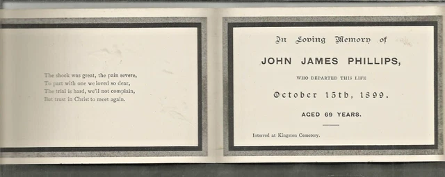 BTL In Memorium Card - John Phillips morto 15 ottobre 1899 - Cimitero di Kingston