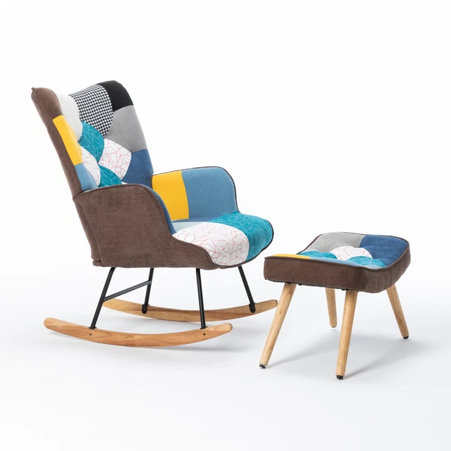 Upholstered Baby Nursery Wood Rocking Chair Set, Rocker and Thick Padded Ottoman