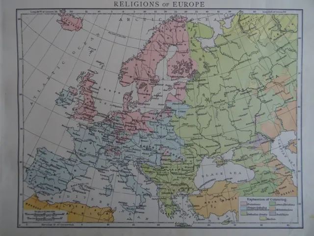 Victorian Map 1896 RELIGIONS OF EUROPE The Time Atlas 1st Gen