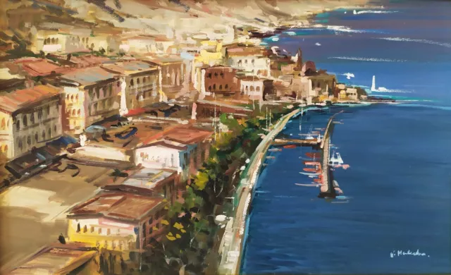 Vue d'en Haut de la Promenade de Naples/Paysage Marin/Port/Peinture Huile signèe