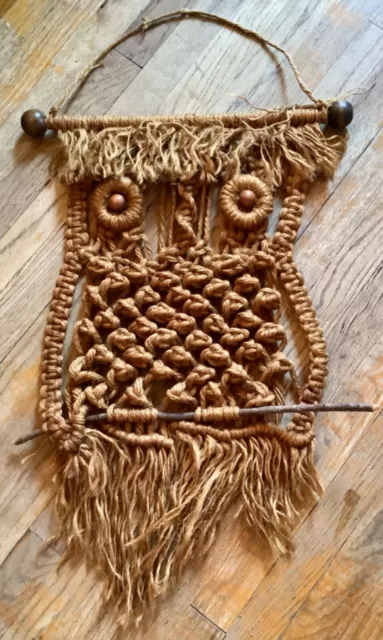Vtg 1970’s Boho Macrame Owl Wall Hanging Wood Bead Eyes retro