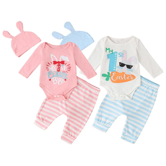 Baby Boy Girls My 1st Easter Outfit Easter Romper + Bunny Pants + Rabbit Ear Hat