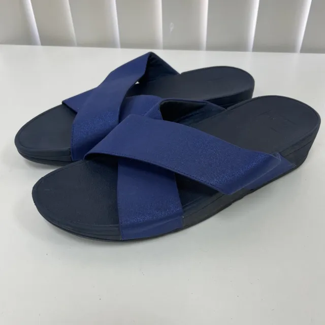 Fitflop Sandal Lulu Cross Glitz Size 9 Slides Shimmer Navy Blue Comfort