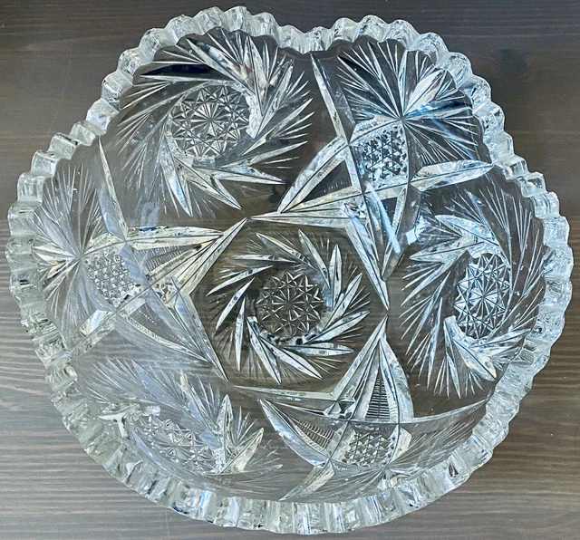 American Brilliant Period Cut Glass Bowl Whirling Star Pineapple Fan Sawtooth 8”