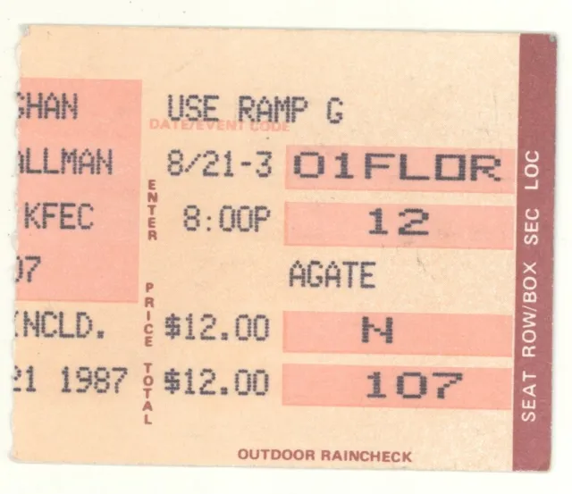 Stevie Ray Vaughan Fab Tbirds Gregg Allman 8/21/87 Louisville Ticket Stub SRV
