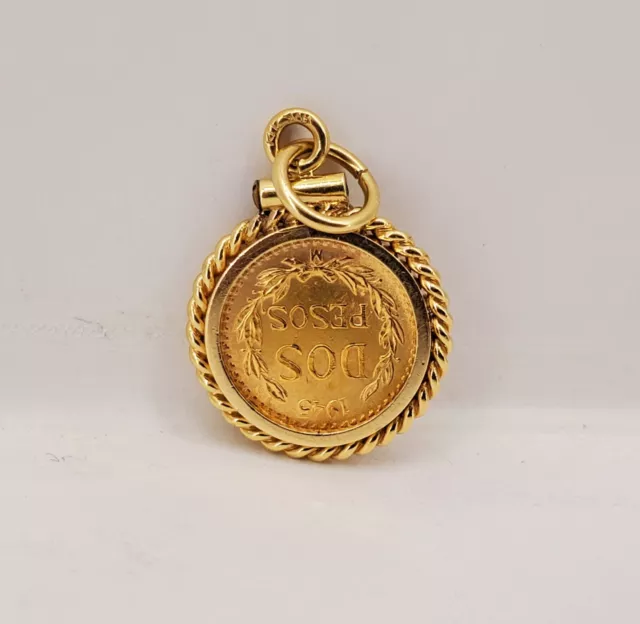 22k 1945 Dos Pesos Gold Coin 14k Bezel Pendant 3.6 Grams Investment Jewelry