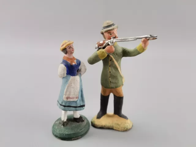 Massefigur Förster Jäger mit Frau 2-tlg. 7-9 cm ANTIK uralt Krippenfigur Rarität