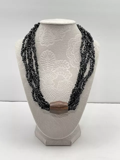 Black Glass Seed Bead Multi-strand Necklace w Wooden Barrel 21” Button Closure