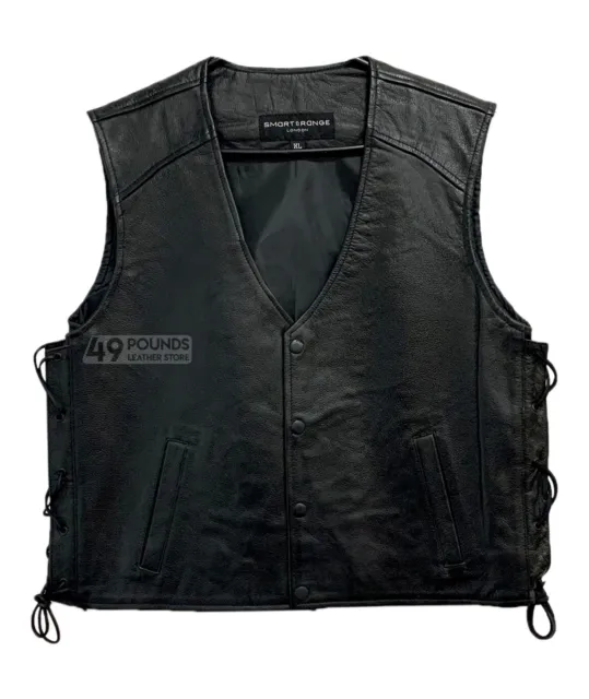 Men's Leather Waistcoat Black Laced Real Cowhide BIKER COWBOY Vest Harley