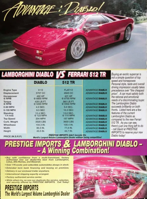 1993 LAMBORGHINI DIABLO Genuine Vintage Ad ~ Diablo Vs. Ferrari 512 