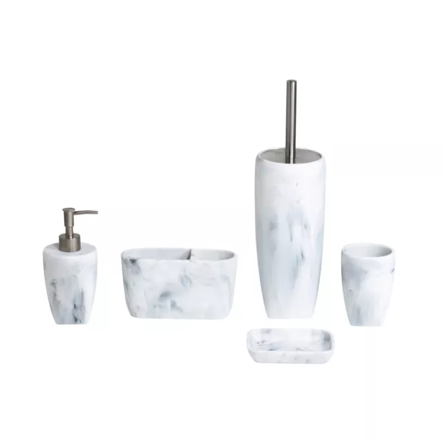 Bathroom Accessory Set White Resin Marble Effect Soap Tumbler Dispenser Brush