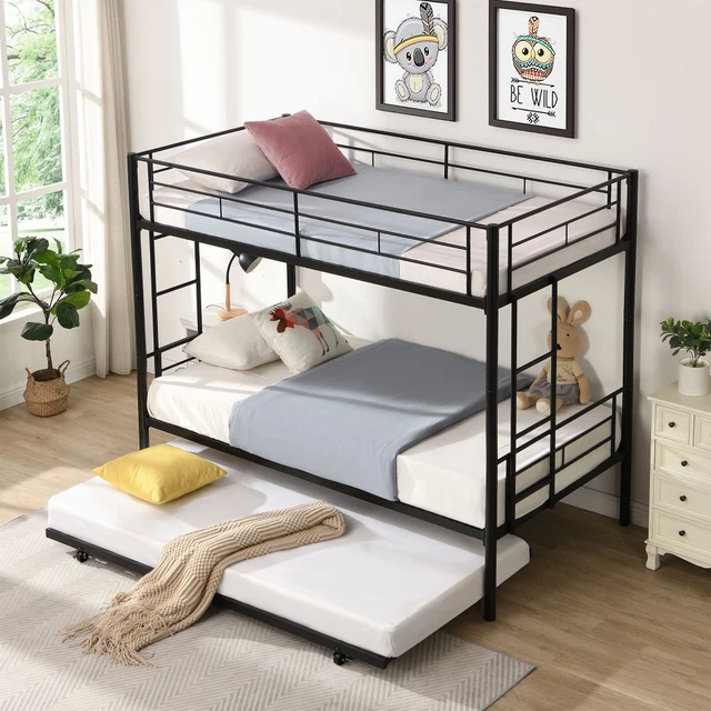 Over Twin Bunk Bed Frame with Trundle,Metal Bunkbed with Sturdy Guard Rail and 2