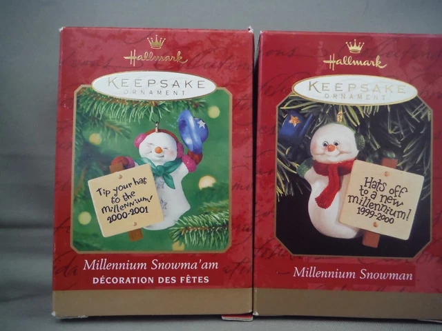 Hallmark Millennium Snowman  99 Millennium Snowma'am 2000 Christmas Ornament Lot