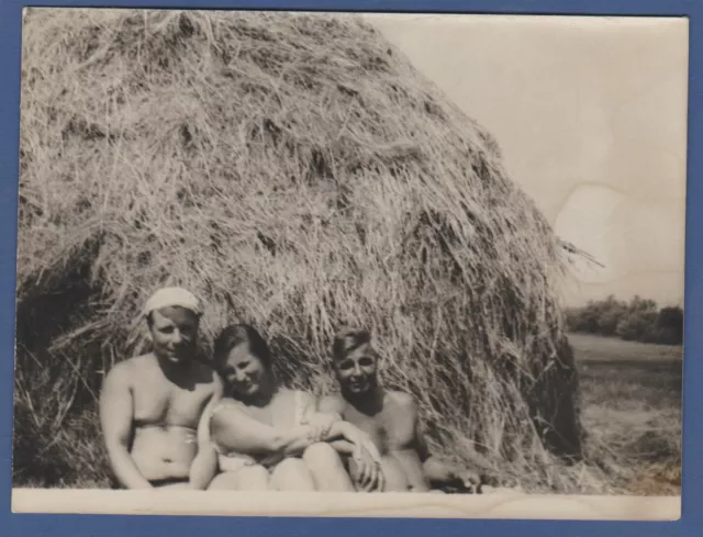 Guys naked torso hugging girl in swimsuit on grass Soviet Vintage Photo USSR