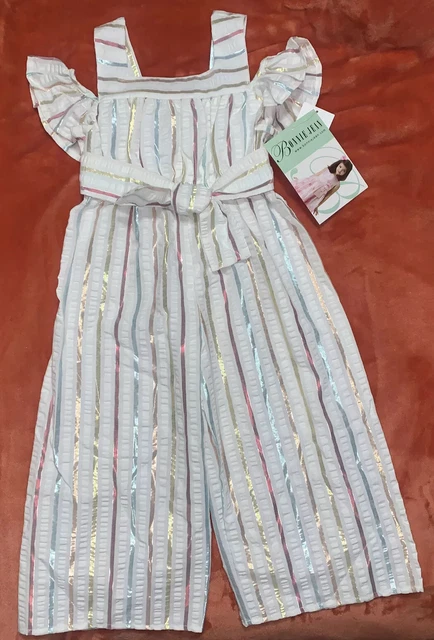 Girl Size 4 BONNIE JEAN Girl Cold Shoulder Seersucker Striped Jumpsuit New