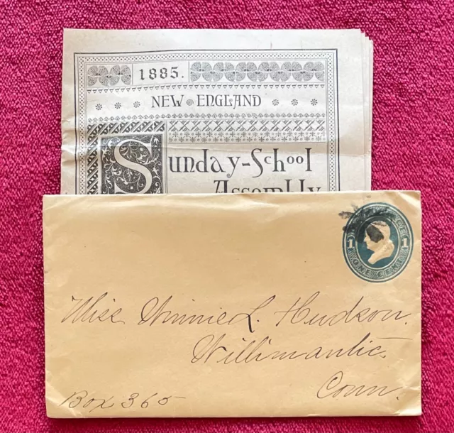 1885 POSTAL COVER w/ FLORAL HAND STAMP & NEW ENGLAND SUNDAY SCHOOL BOOKLET