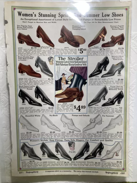 1918 Antique Montgomery Ward Catalog Color Page Womens Low Shoes Kids Shoes