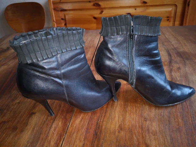 Bottines en cuir noir, bout pointu, talon fin, pointure 38 2