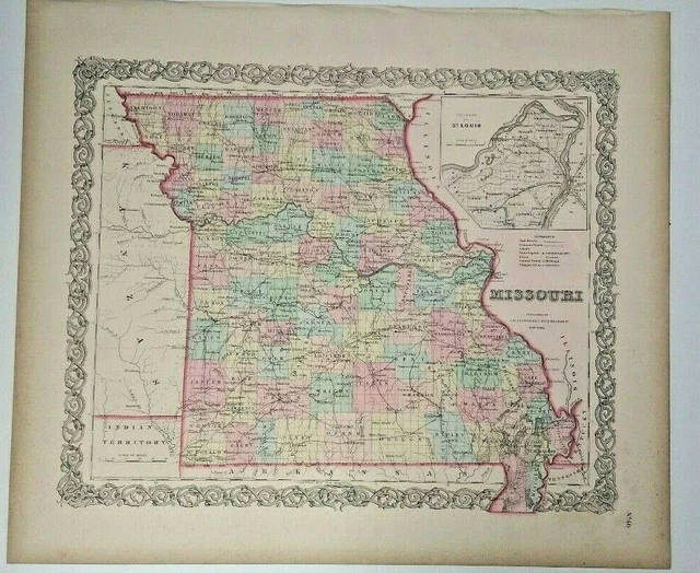 Old Map Inset ANTIQUE MAP MISSOURI 1856 Colton's Maps with an inset of St. Louis 1st ...