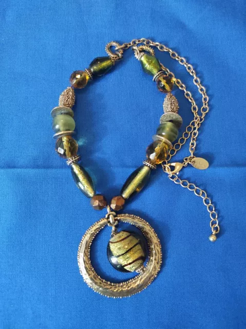 Lia Sophia Art Glass Necklace Bronze Tone Green And Browns 18" Chain