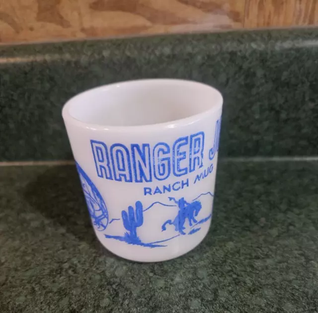 Vtg Ranger Joe Ranch Mug Blue Childrens D Handle Milk Glass Mug Hazel Atlas