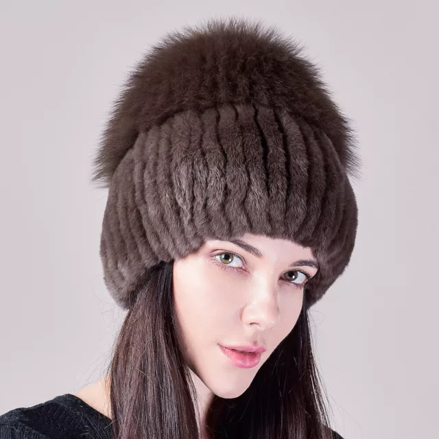 Winter Outdoor Women Real Rex Rabbit Fur Hat Natural Knitted Fox Fur Cap
