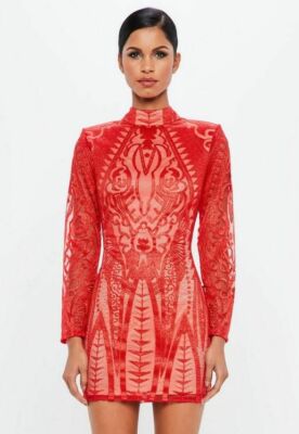 Peace & Love Placed Lace High Neck Bodycon Dress Red Size 10 Bnwt
